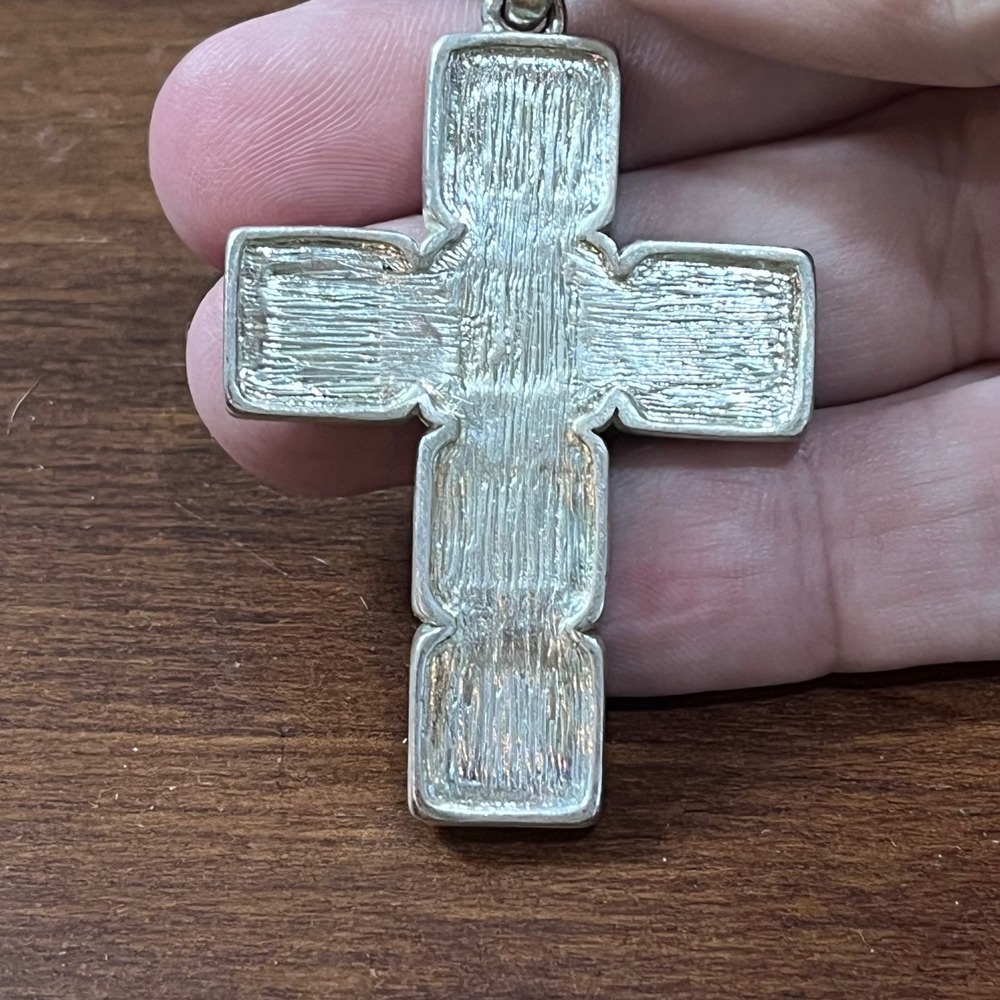 Large Faux Turquoise Cross Pendant Silver Tone Southwestern Western Boho 2.25" - Picture 3 of 6